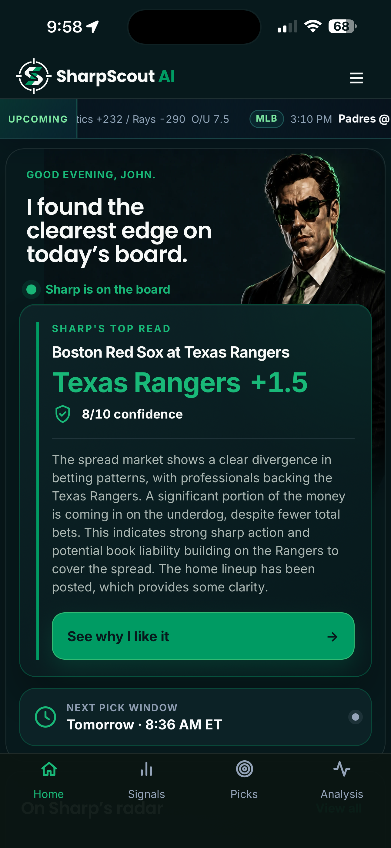 SharpScout Home screen with Sharp’s top read, confidence, explanation and next pick window.