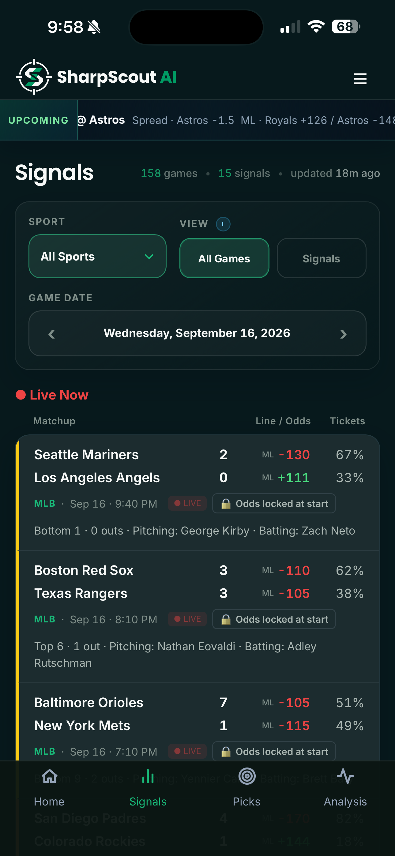 SharpScout Signals screen with sport and date filters, live scores, odds and ticket percentages.